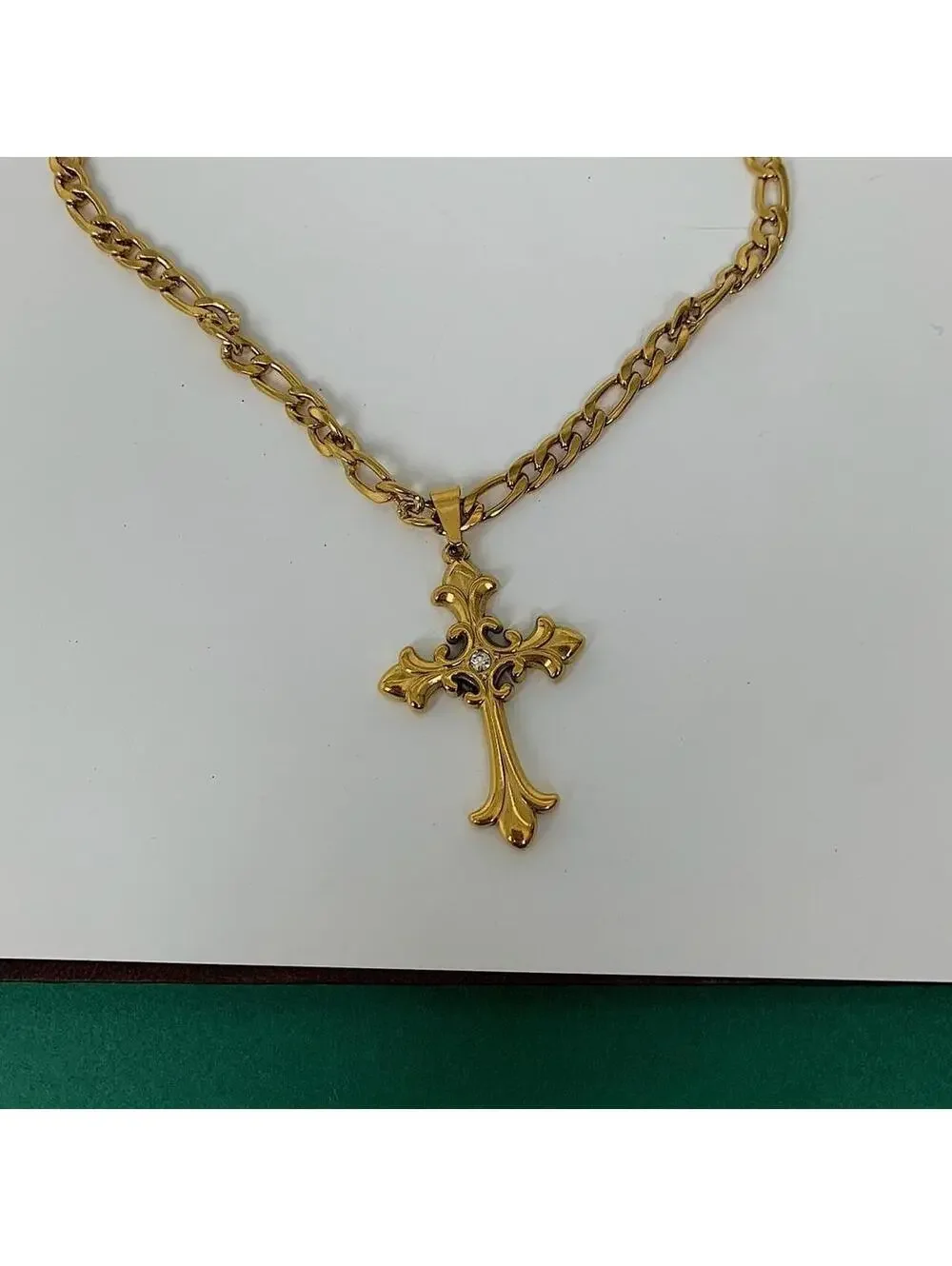 Y2k style Gold Figaro Big Gothic Rhinestone Cross Pendant Necklace. Stainless